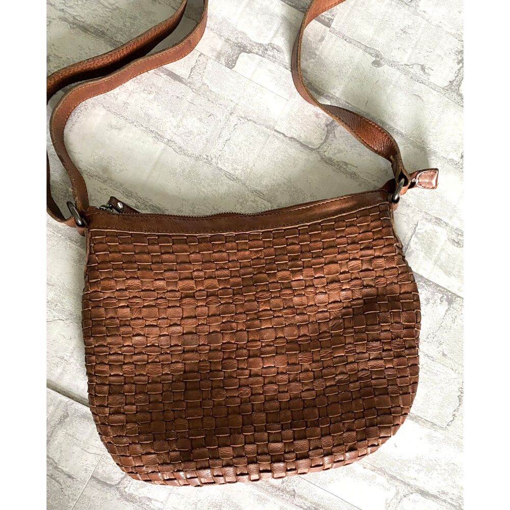 Anthro Vilenca Holland Cognac Leather Woven Crossbody Bag Boho Chic Timeless - Picture 2 of 10